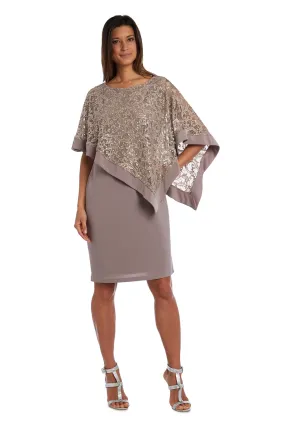 Capelet Dress with Metallic Lace Asymmetric Poncho