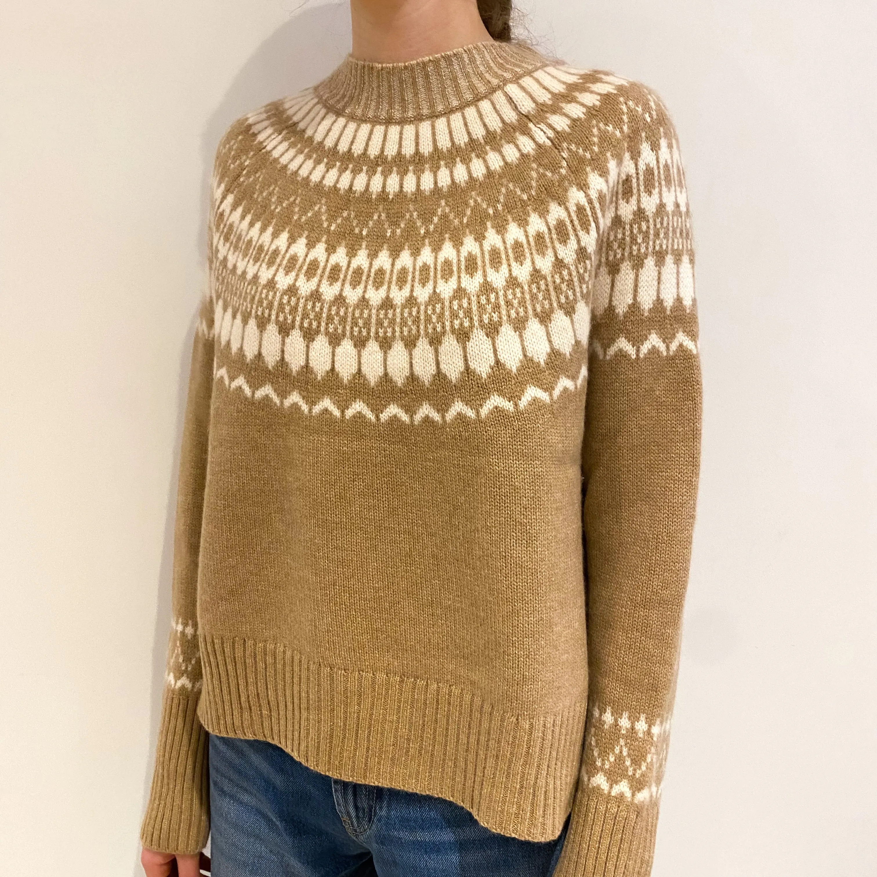 Caramel and Cream Fair Isle Cashmere Crew Neck Jumper Extra Small