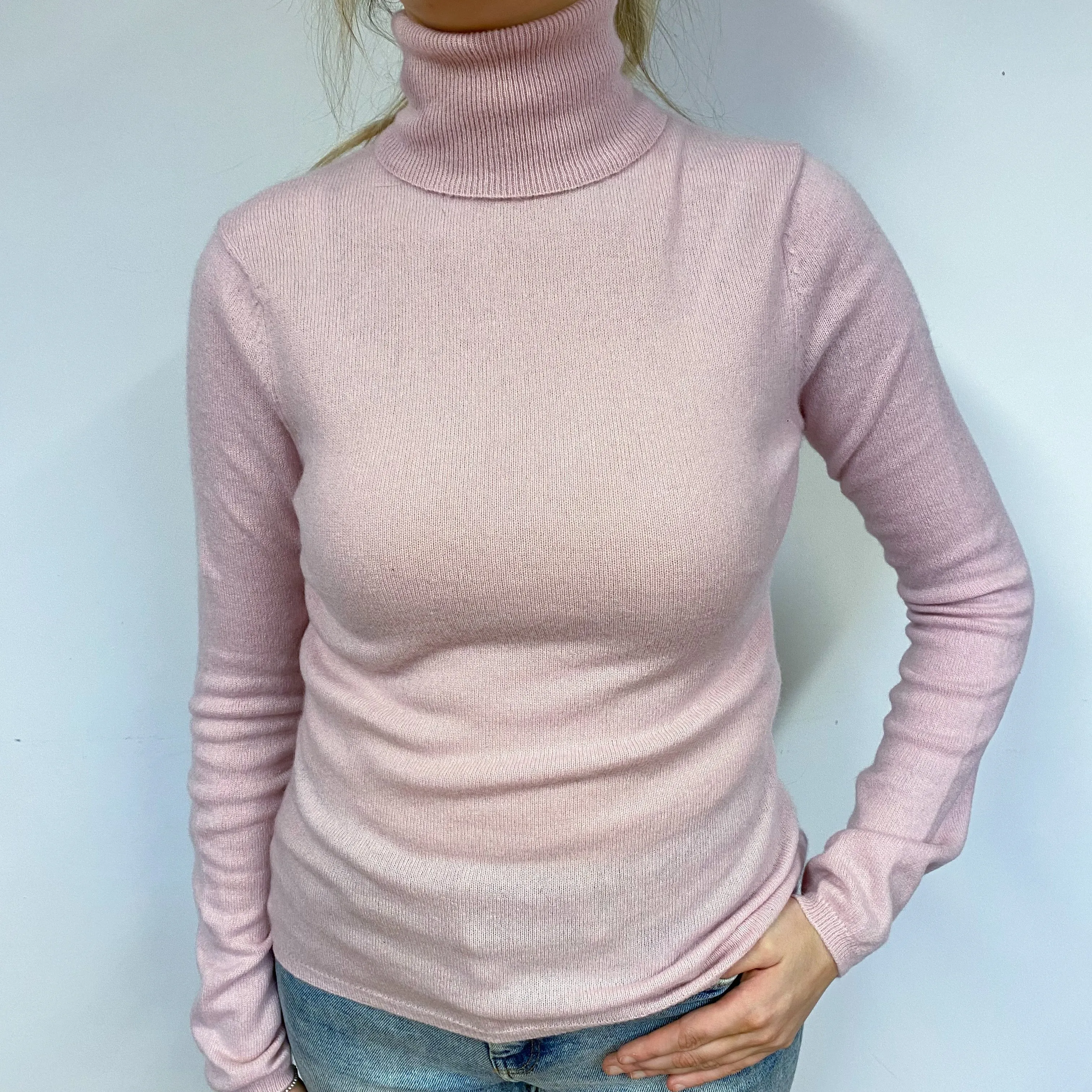 Carnation Pink Cashmere Polo Neck Jumper Small