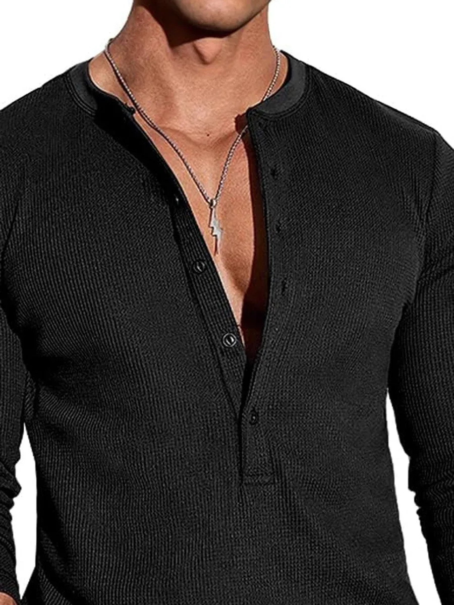 Casual Waffle Henley Long Sleeve T-Shirt