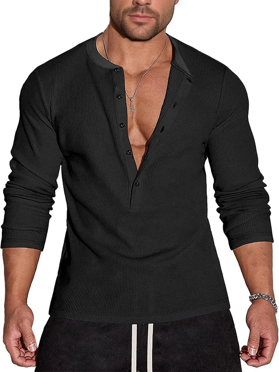 Casual Waffle Henley Long Sleeve T-Shirt