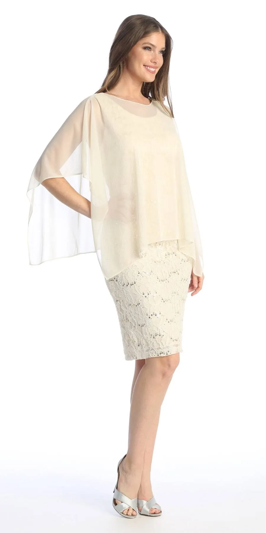 Celavie 6365 Short Lace Sleeveless Dress With Poncho Overlay