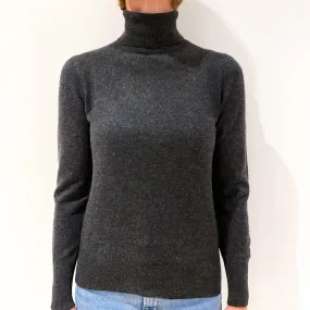 Charcoal Grey Puff Shoulder Cashmere Polo Neck Jumper Small