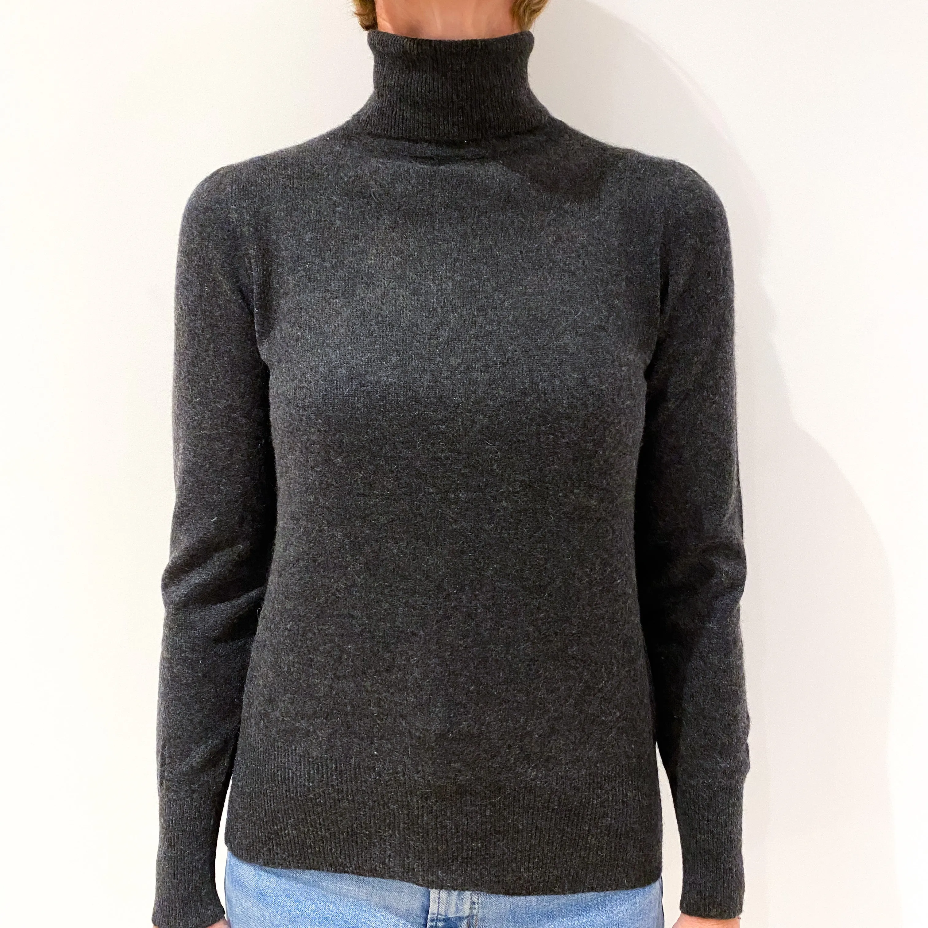 Charcoal Grey Puff Shoulder Cashmere Polo Neck Jumper Small
