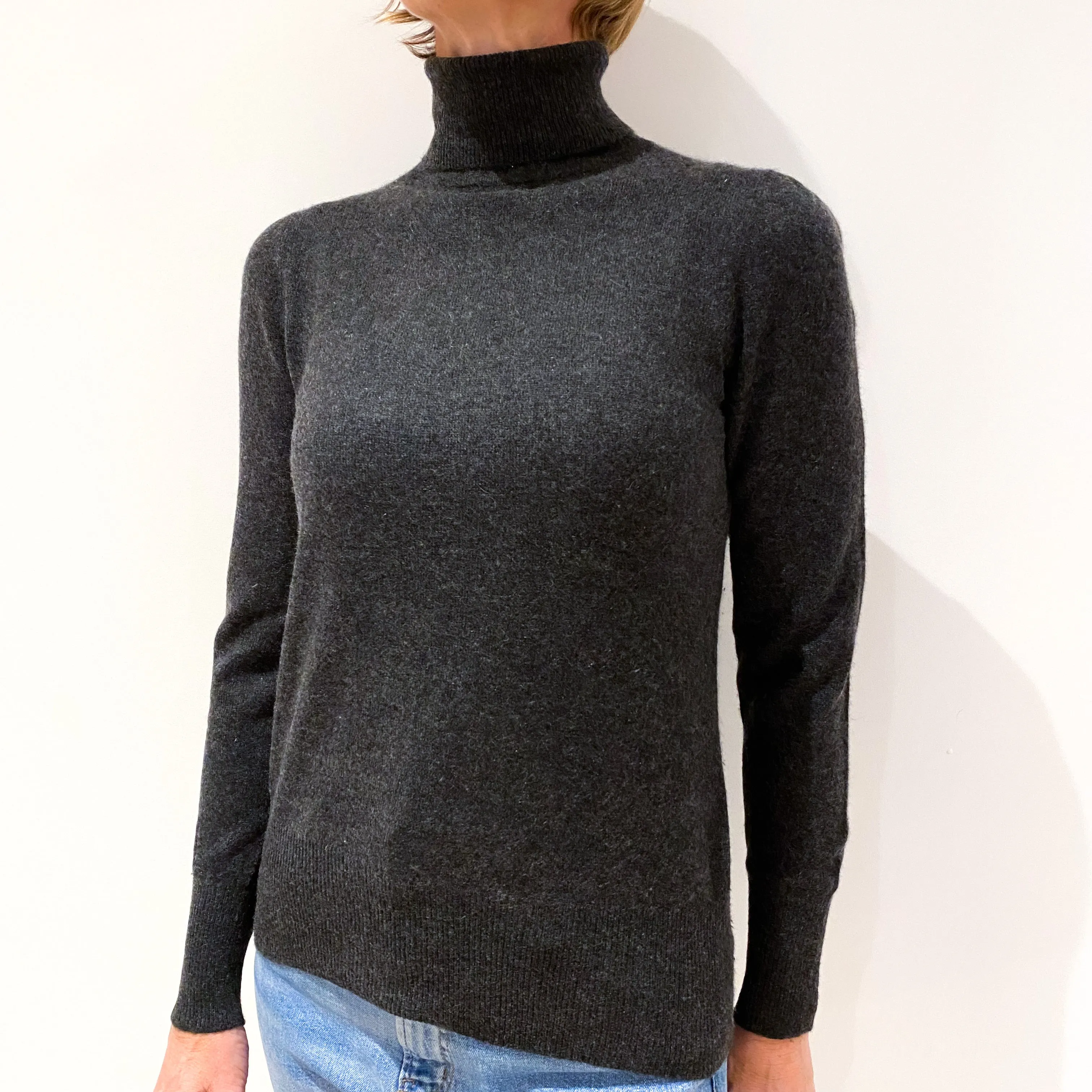 Charcoal Grey Puff Shoulder Cashmere Polo Neck Jumper Small