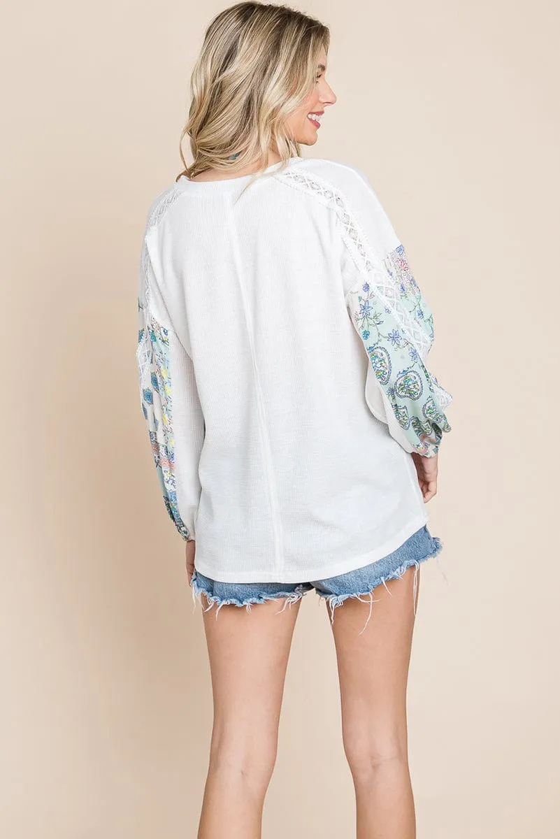 Contrasting Blossom Sleeve Waffle Knit Tops