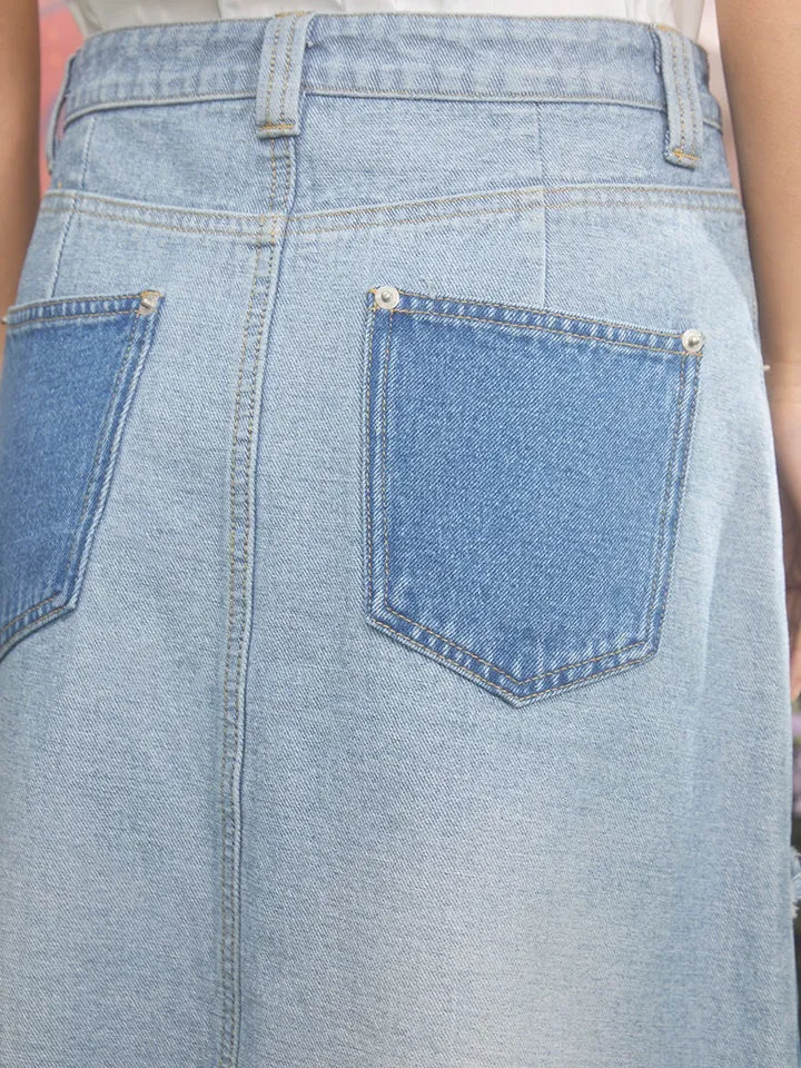 Cream Cherry Embroidery Contrasting Color Raw Edge Denim Skirt