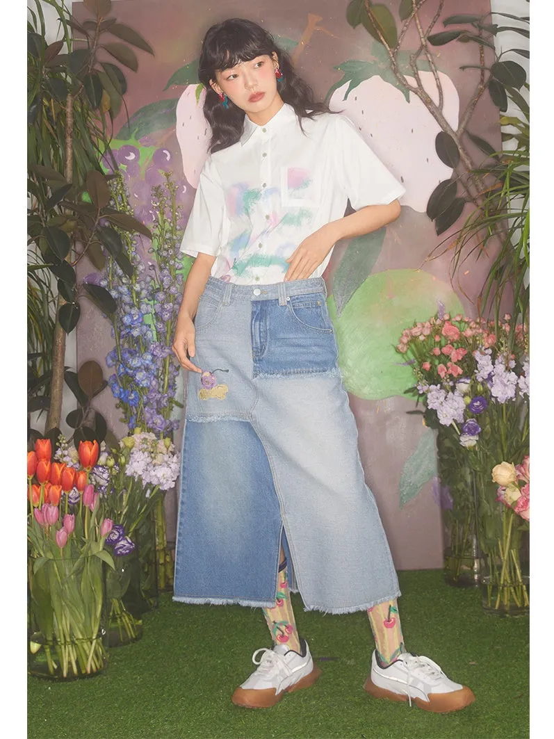 Cream Cherry Embroidery Contrasting Color Raw Edge Denim Skirt