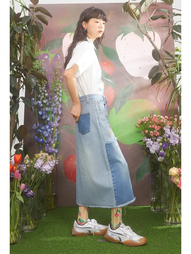 Cream Cherry Embroidery Contrasting Color Raw Edge Denim Skirt