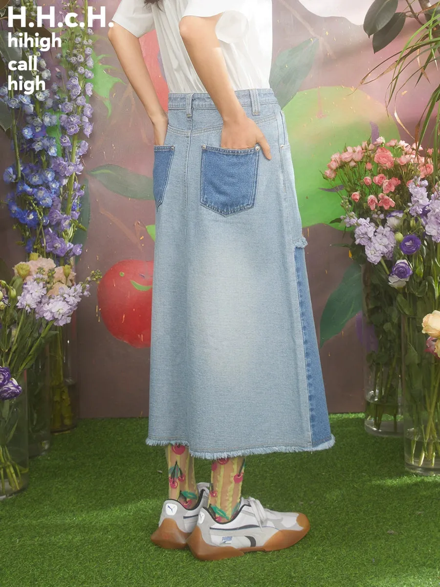 Cream Cherry Embroidery Contrasting Color Raw Edge Denim Skirt