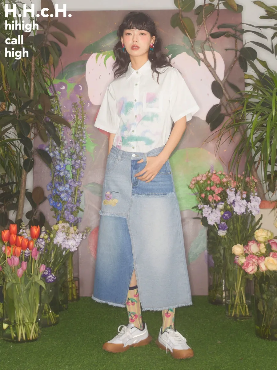 Cream Cherry Embroidery Contrasting Color Raw Edge Denim Skirt