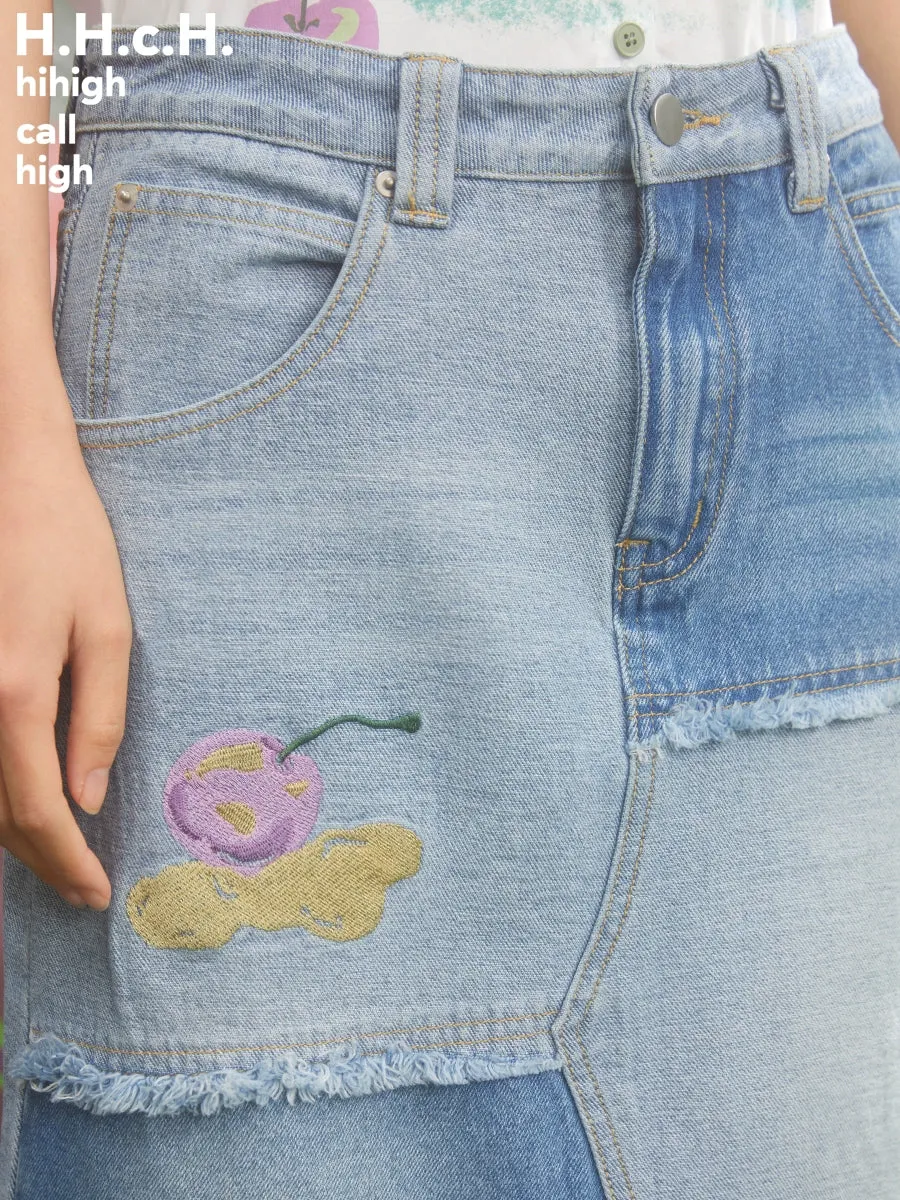 Cream Cherry Embroidery Contrasting Color Raw Edge Denim Skirt