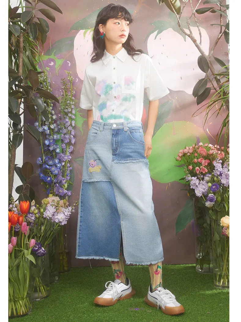 Cream Cherry Embroidery Contrasting Color Raw Edge Denim Skirt