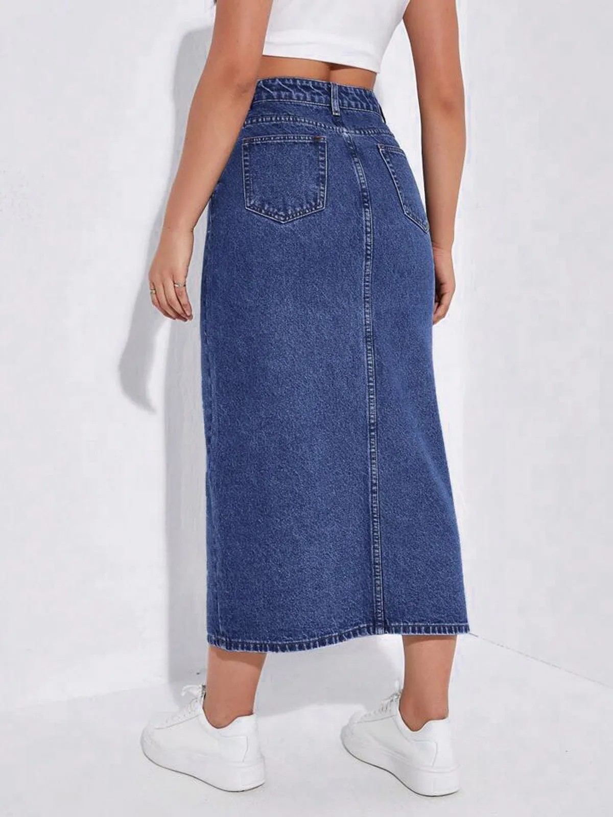 Dark Blue Whisker Long Denim Skirt