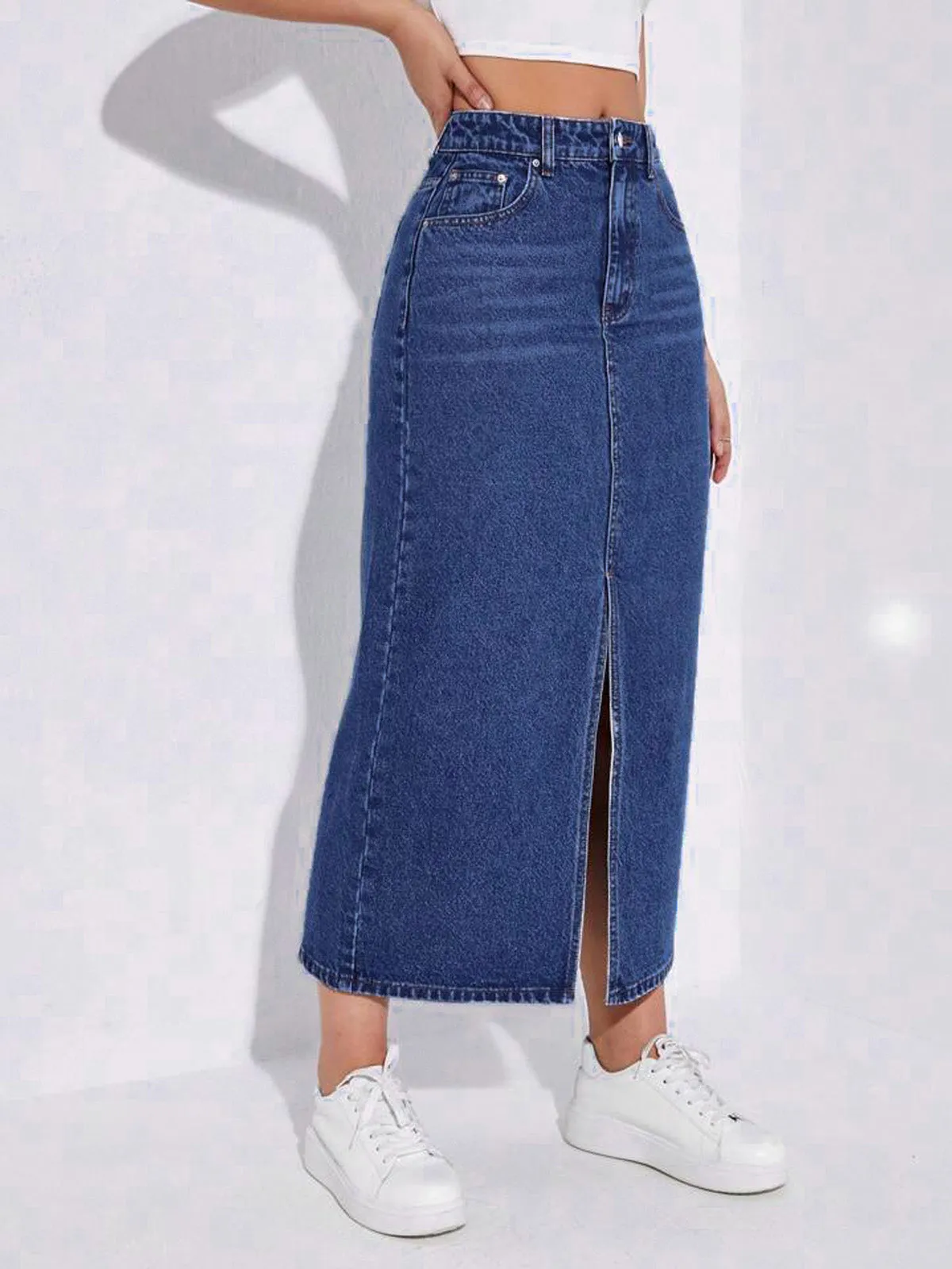 Dark Blue Whisker Long Denim Skirt