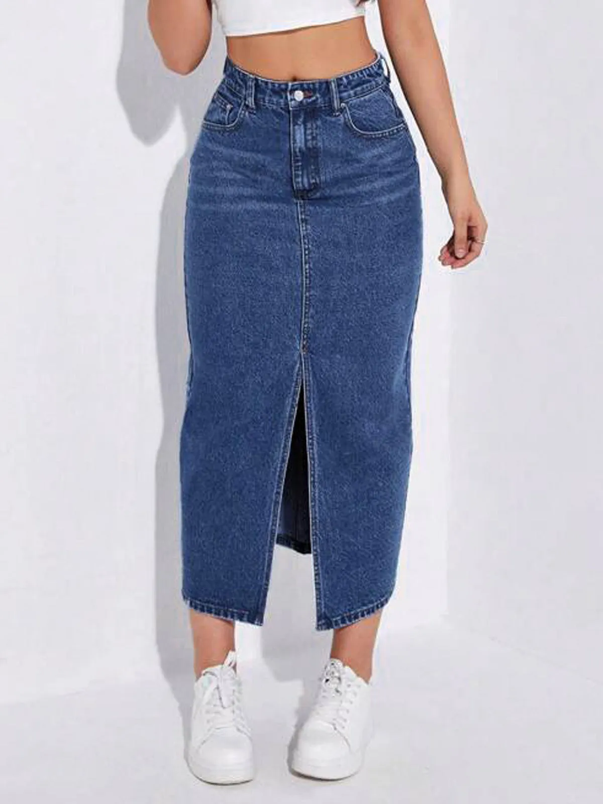 Dark Blue Whisker Long Denim Skirt