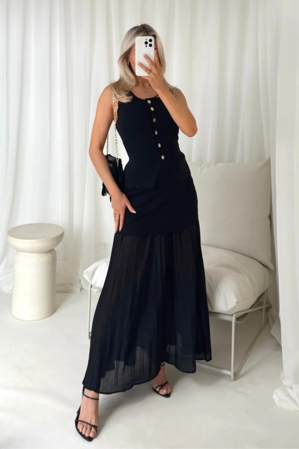Delilah black knit waistcoat & pleated sheer maxi skirt