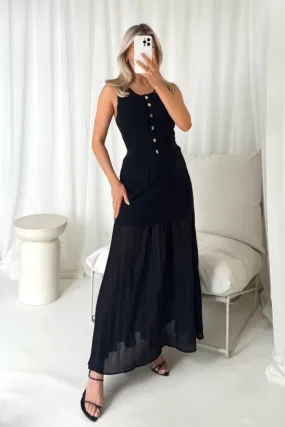 Delilah black knit waistcoat & pleated sheer maxi skirt