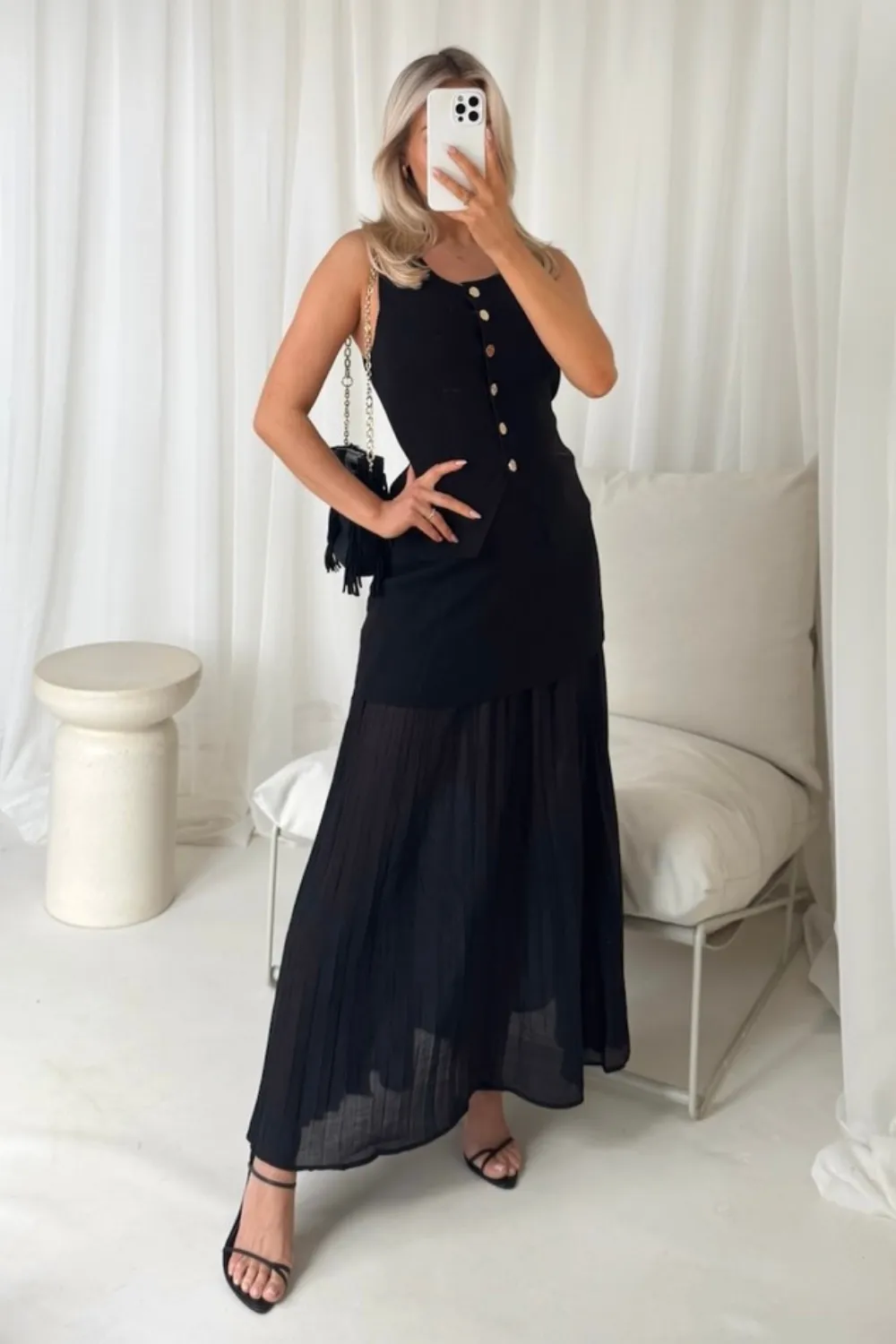 Delilah black knit waistcoat & pleated sheer maxi skirt