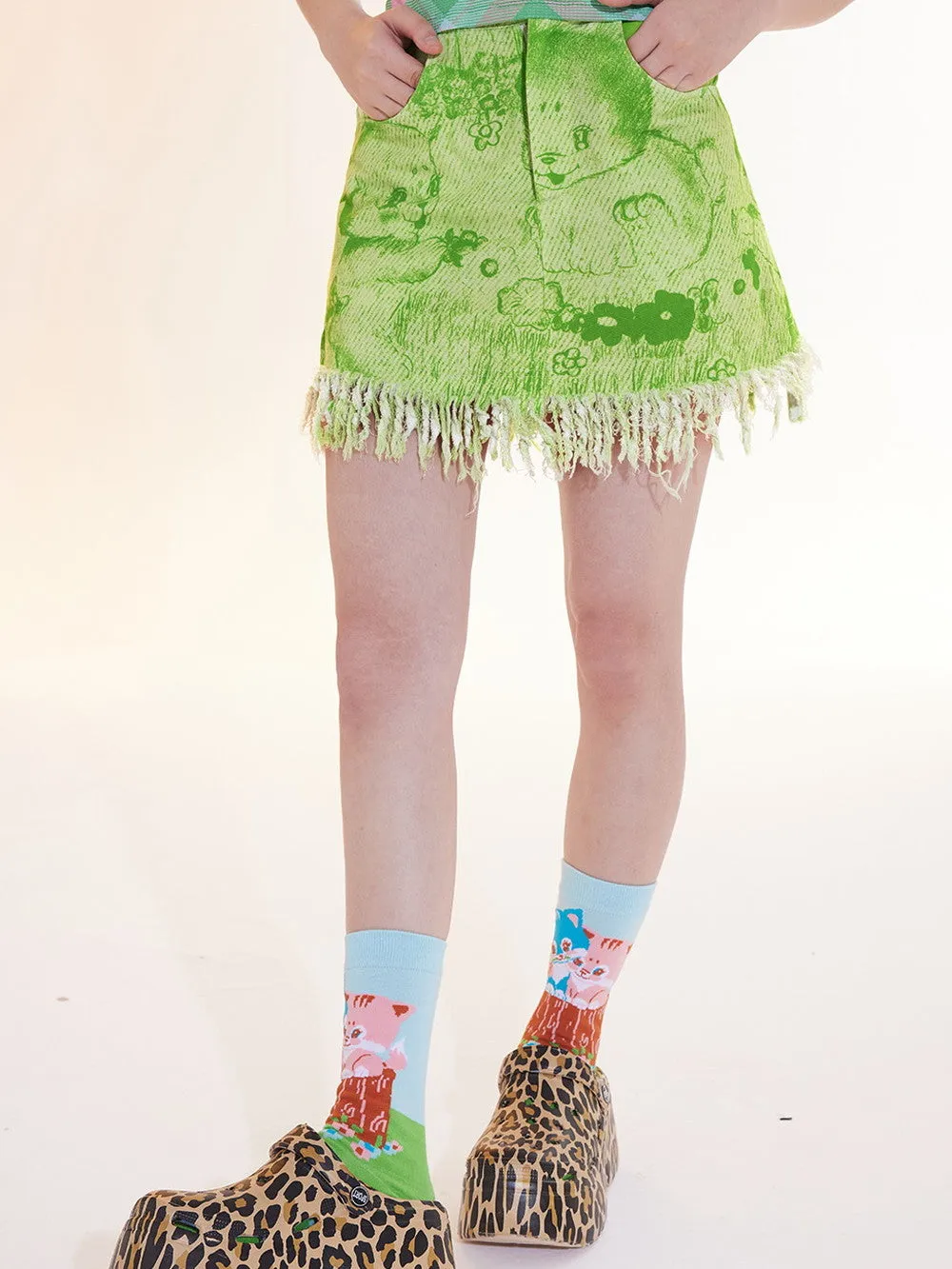 Denim Animal Short Casual Tassel Cut-Off Fancy Skirt
