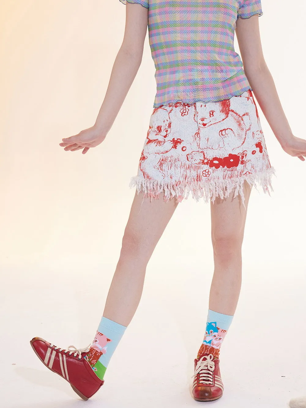 Denim Animal Short Casual Tassel Cut-Off Fancy Skirt