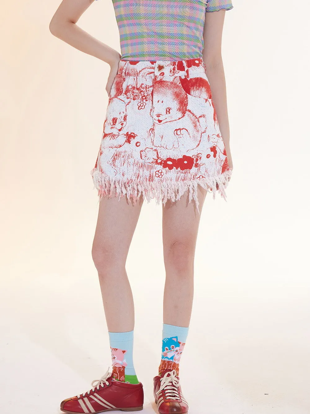 Denim Animal Short Casual Tassel Cut-Off Fancy Skirt