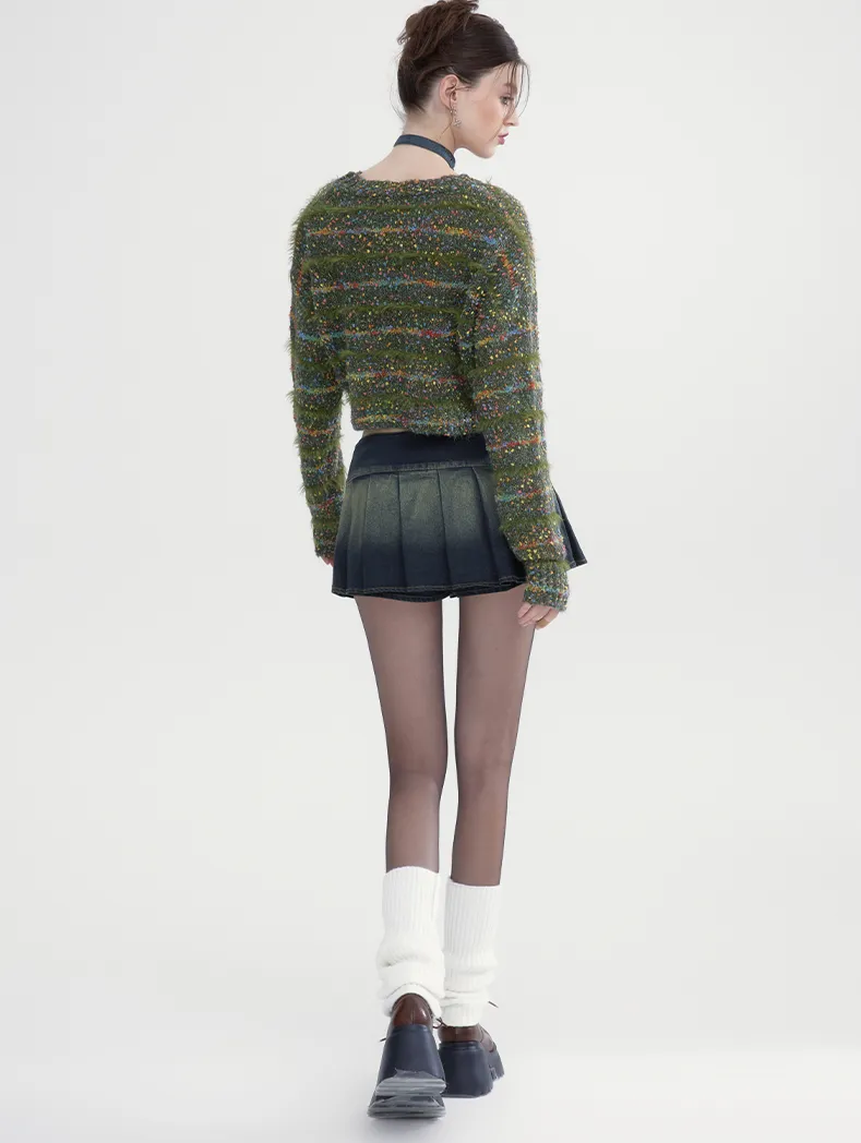 Denim Box-Pleats Casual Faded Belt Mini-Skirt