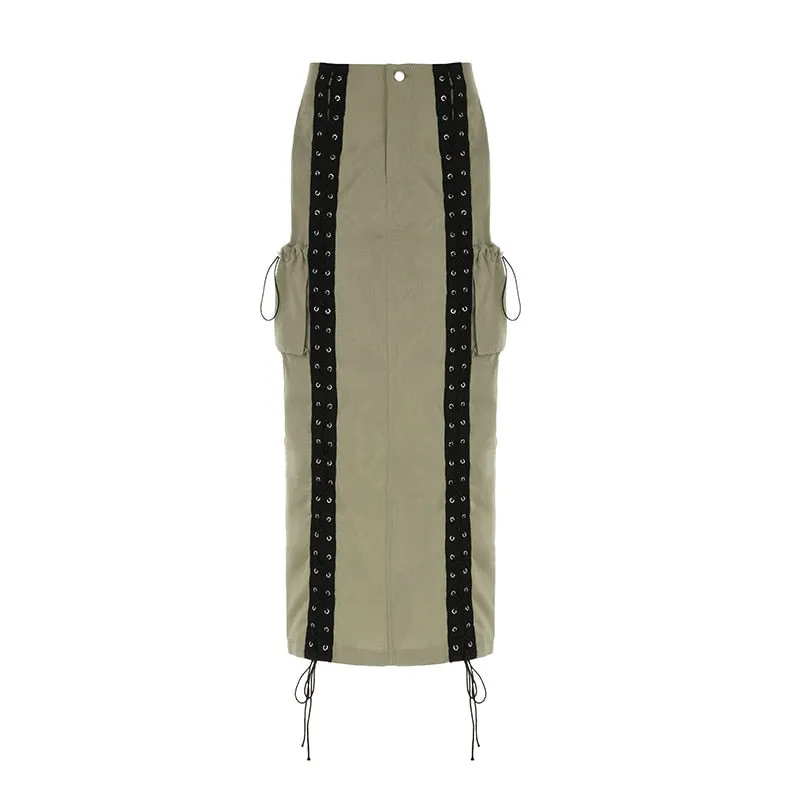 Elegant Lace Up Pocket Side Cargo Bodycon Straight Pencil Maxi Long Skirt