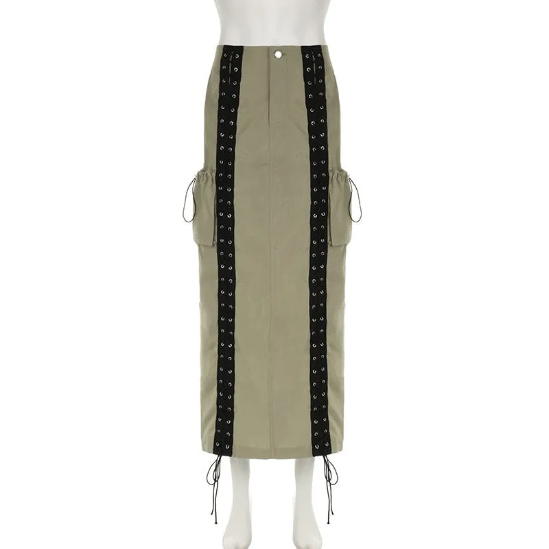 Elegant Lace Up Pocket Side Cargo Bodycon Straight Pencil Maxi Long Skirt