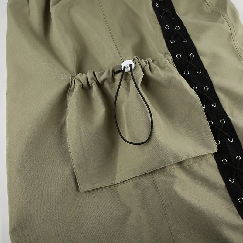 Elegant Lace Up Pocket Side Cargo Bodycon Straight Pencil Maxi Long Skirt