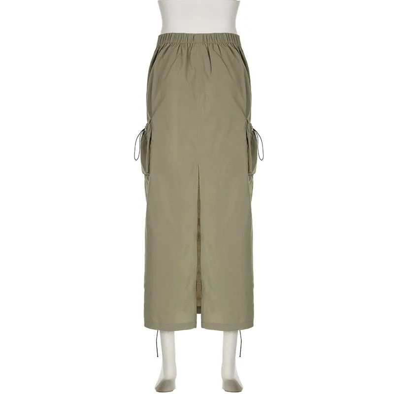 Elegant Lace Up Pocket Side Cargo Bodycon Straight Pencil Maxi Long Skirt