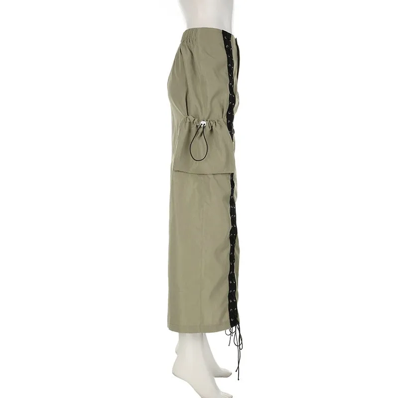 Elegant Lace Up Pocket Side Cargo Bodycon Straight Pencil Maxi Long Skirt