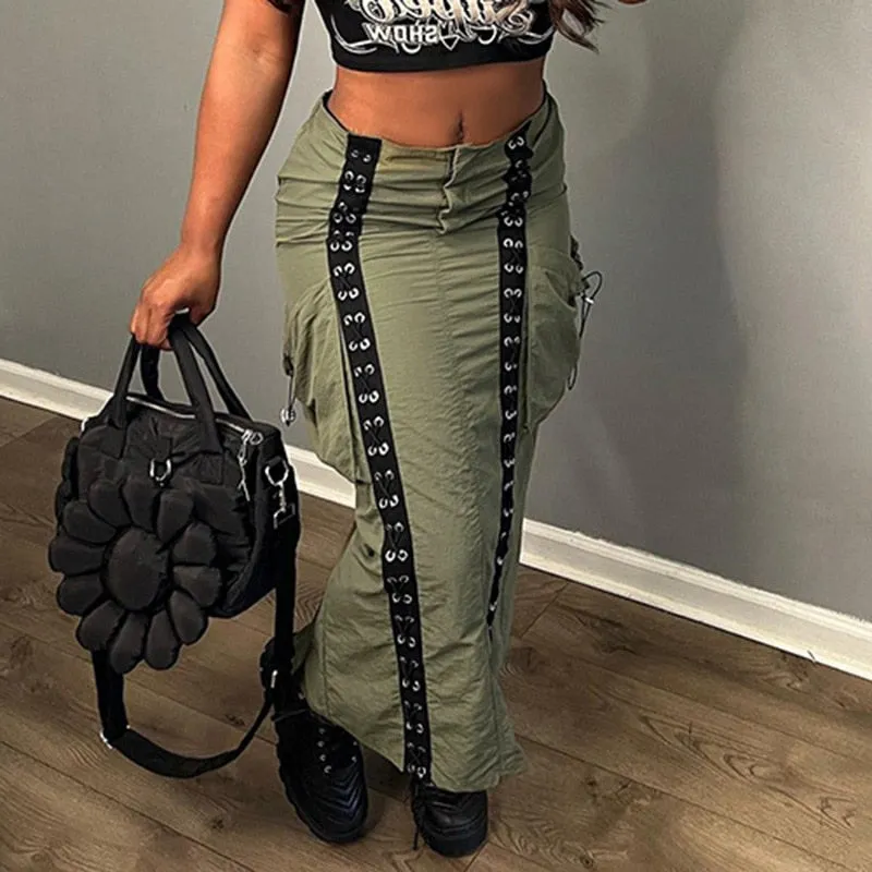 Elegant Lace Up Pocket Side Cargo Bodycon Straight Pencil Maxi Long Skirt