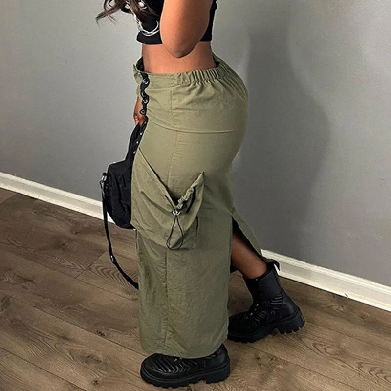 Elegant Lace Up Pocket Side Cargo Bodycon Straight Pencil Maxi Long Skirt