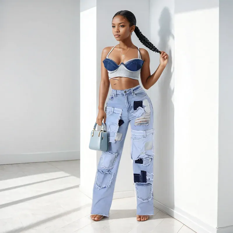 EM Patchwork Contrast  Denim Jeans