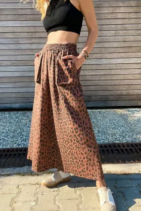 GNS Woman Leopard Patterned Gabardine Skirt with Double Pockets and Elastic Waist BST700-3553 - Winslow
