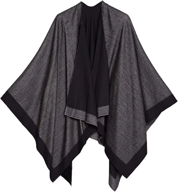 Gray-Blue Luxurious Knit Sweater Poncho Cardigan