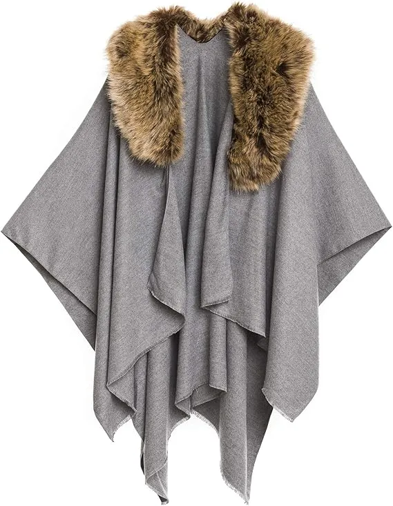 Gray-Blue Luxurious Knit Sweater Poncho Cardigan