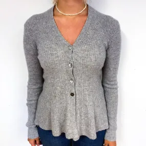 Grey Ribbed Floaty Hem Cashmere V-Neck Cardigan Small