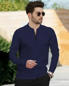 Henley Neck Full Sleeve T-shirt / Navy Blue