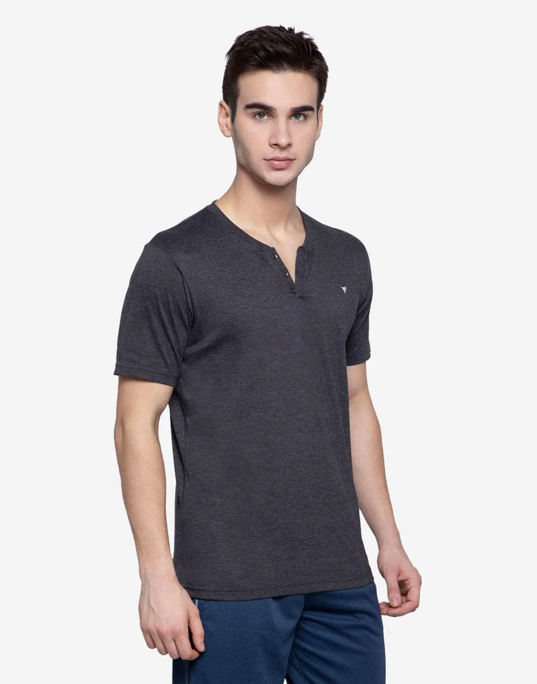 Henley Neck T-Shirt For Men- Black Mix