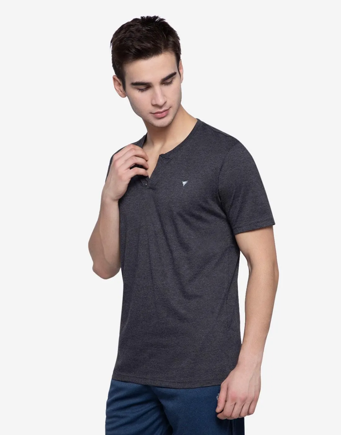 Henley Neck T-Shirt For Men- Black Mix