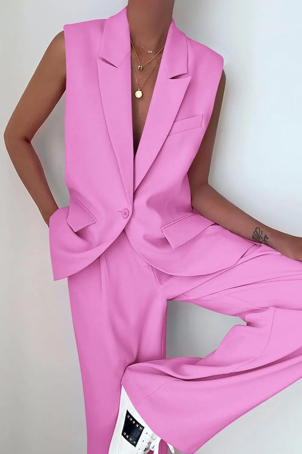 High Fashion Beige Sleeveless Women's Dress Blazer & Pants Suit