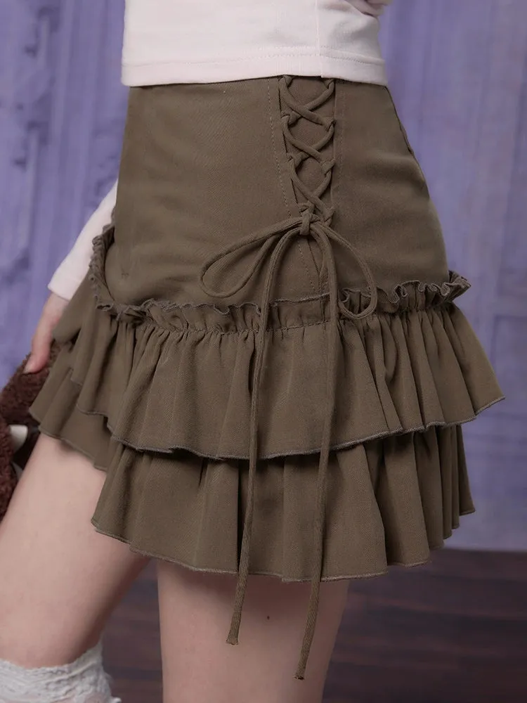 High Waist Lace-Up Ruffle Cake Skirt