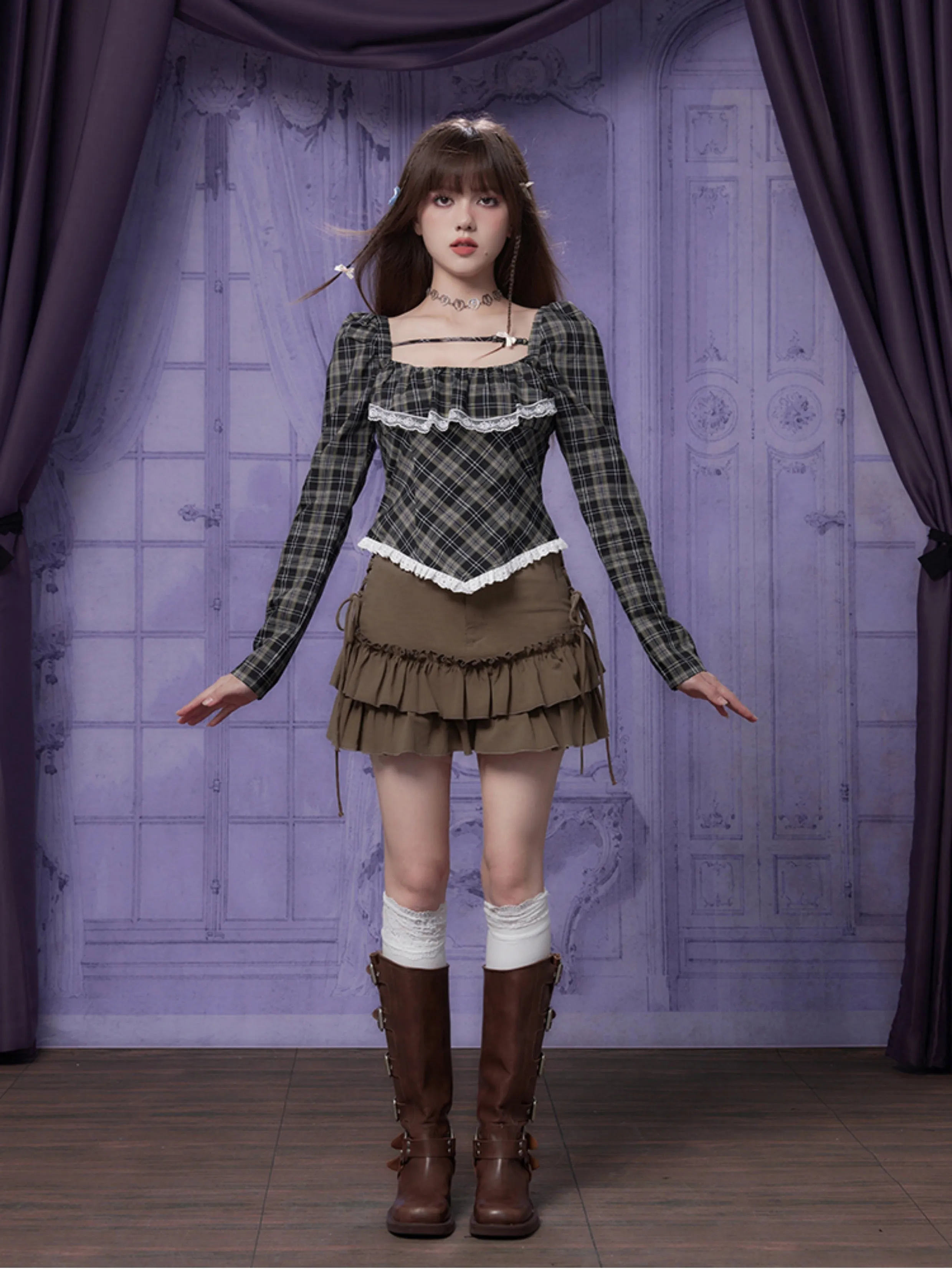 High Waist Lace-Up Ruffle Cake Skirt