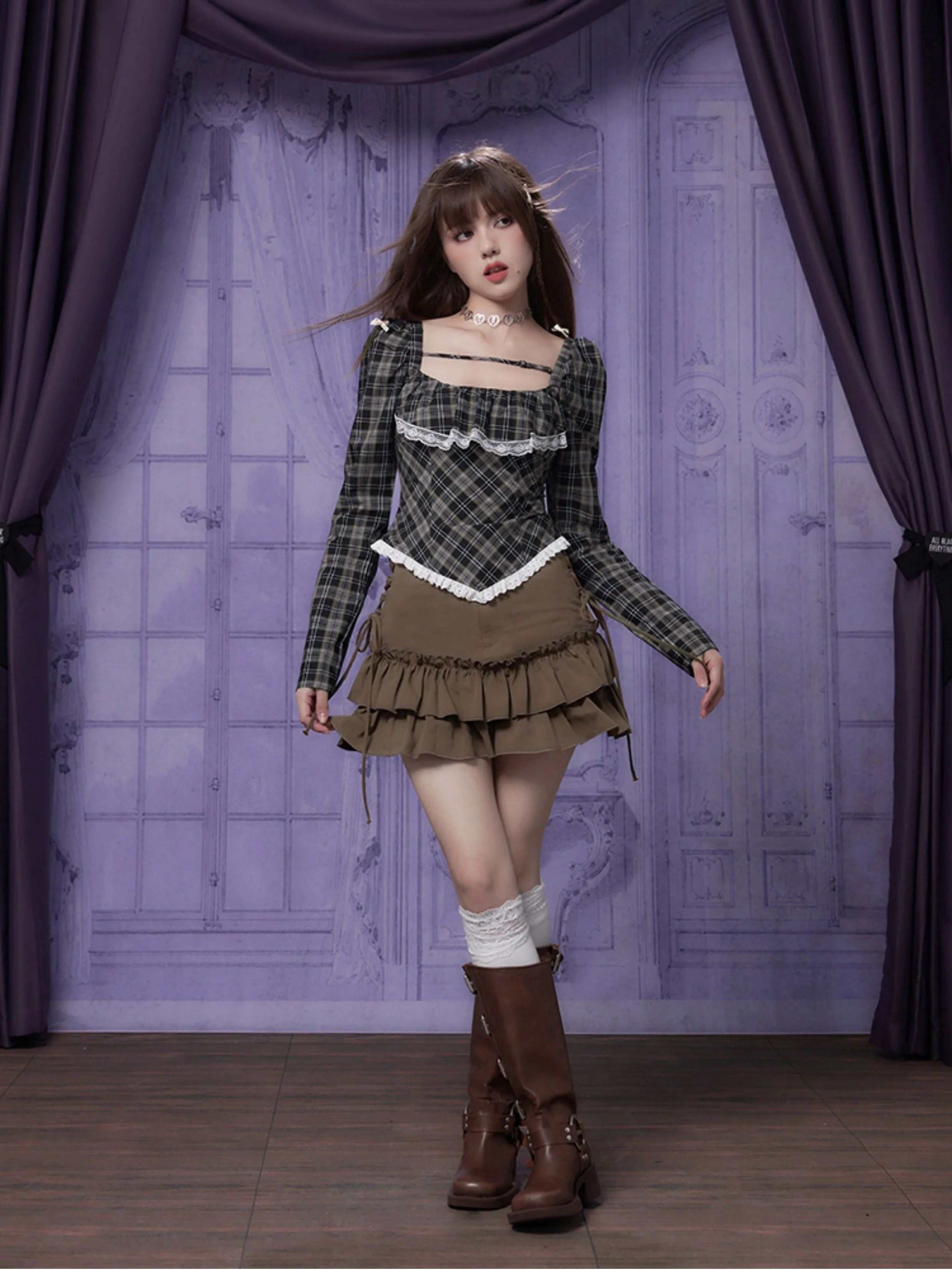 High Waist Lace-Up Ruffle Cake Skirt
