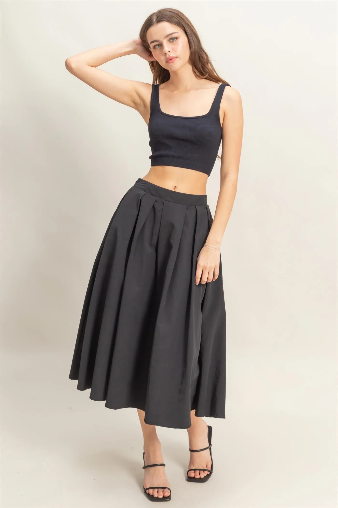 High-Waist Pleated Flowy Maxi Skirt