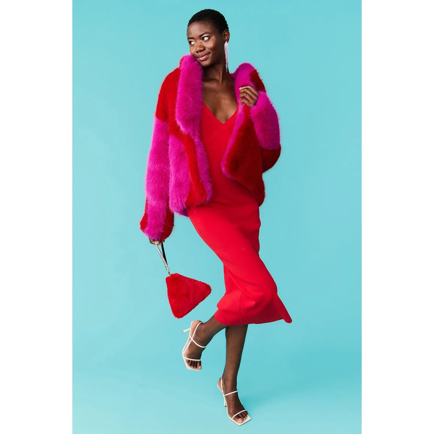 JAYLEY | Bamboo Faux Fur Coat Two Toned Double Cropped Coat | Pink & Red