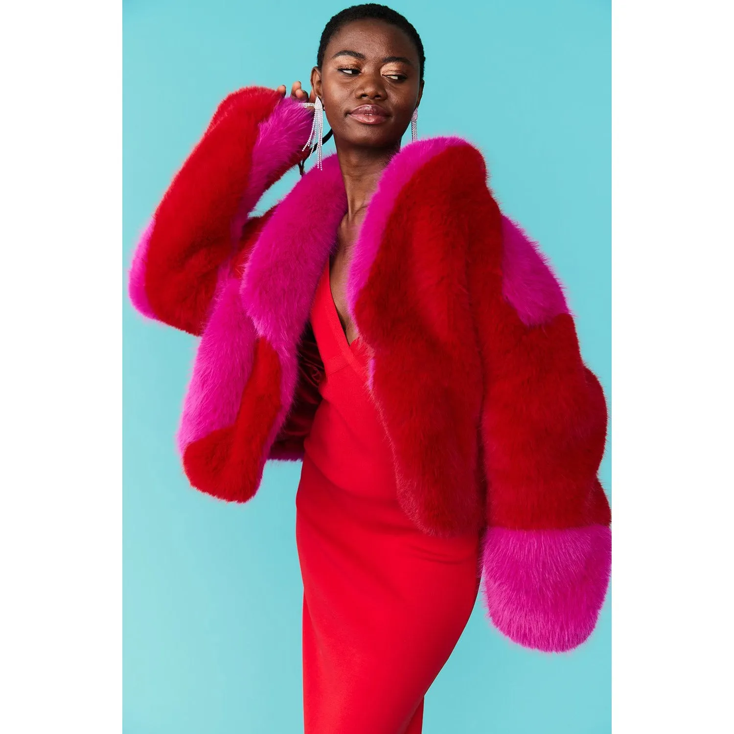 JAYLEY | Bamboo Faux Fur Coat Two Toned Double Cropped Coat | Pink & Red