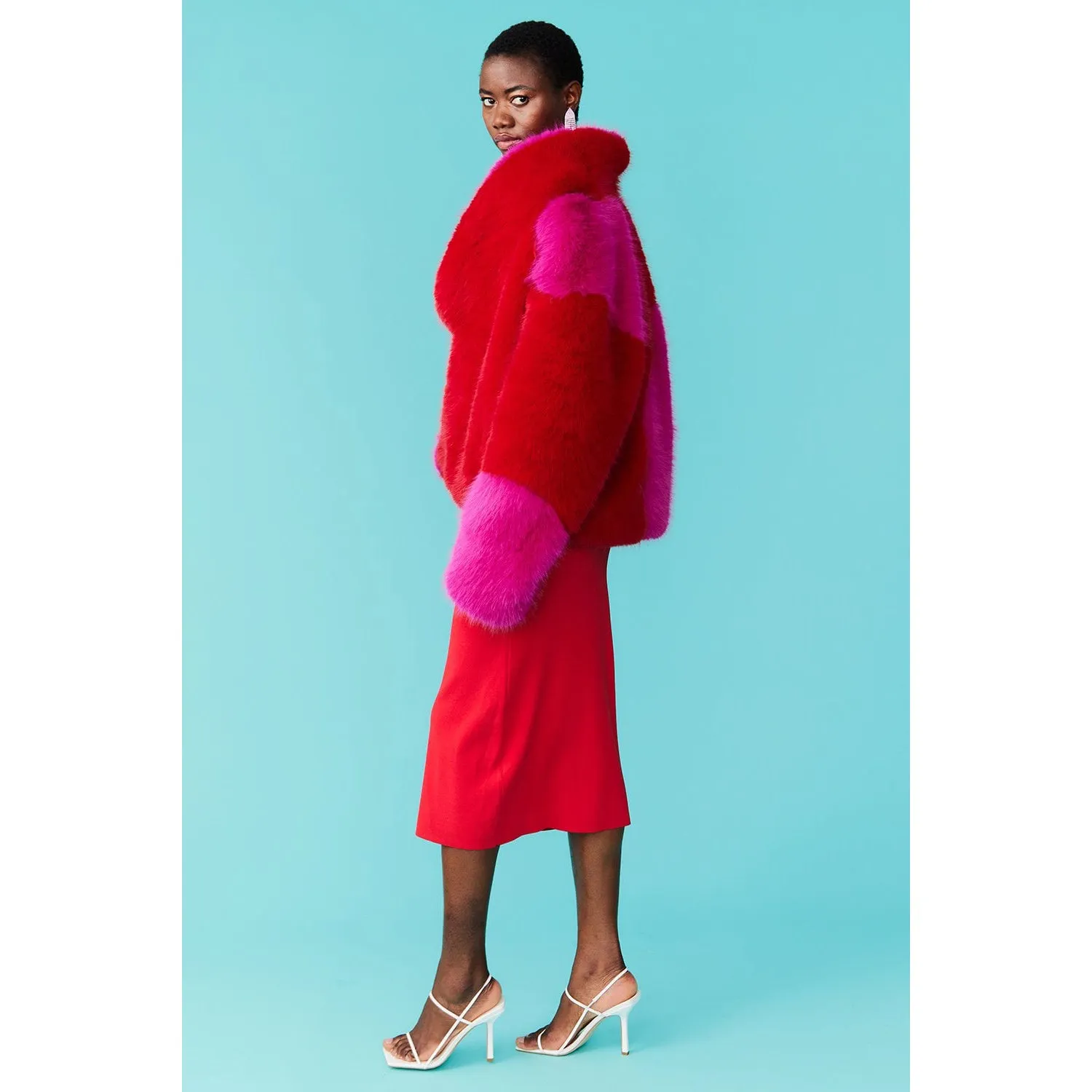 JAYLEY | Bamboo Faux Fur Coat Two Toned Double Cropped Coat | Pink & Red